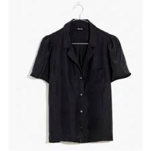 Madewell Women's $110 Silk Puff-Sleeve Camp Shirt Black Size XL NWT